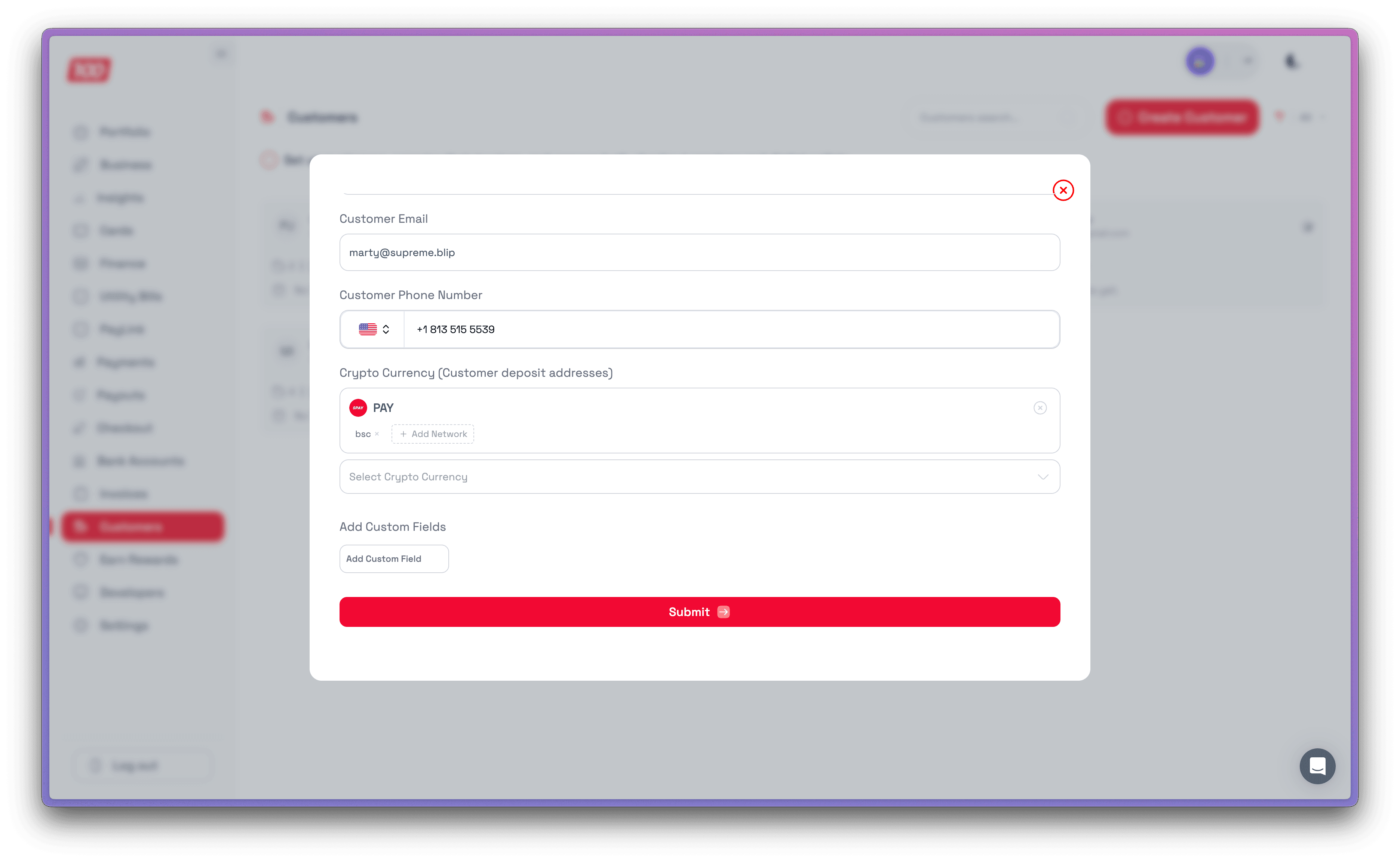 100Pay Dashboard — Create Customer form