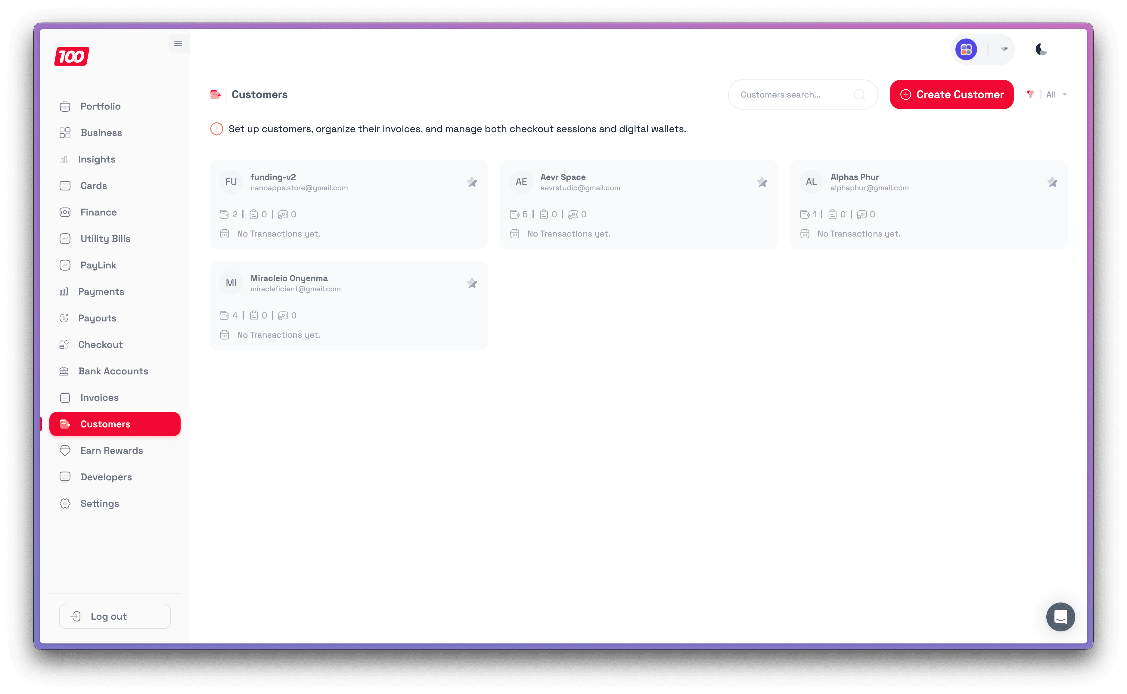 100Pay Dashboard — Customers page